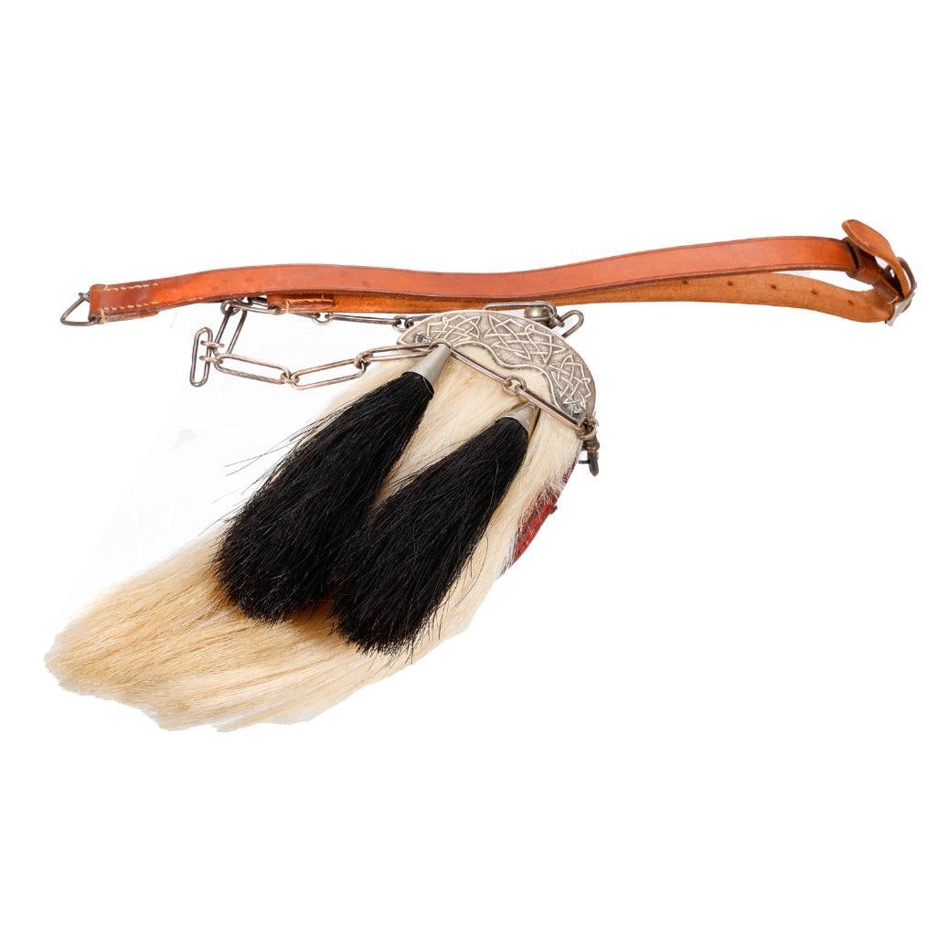 Vintage Horsehair Dress Sporran: The sporran with pewter and silver-plated Celtic knot motif cantle (non-opening), and a white horsehair front with two black tassels; the leather body with small snap pocket, and belt/chain attached.