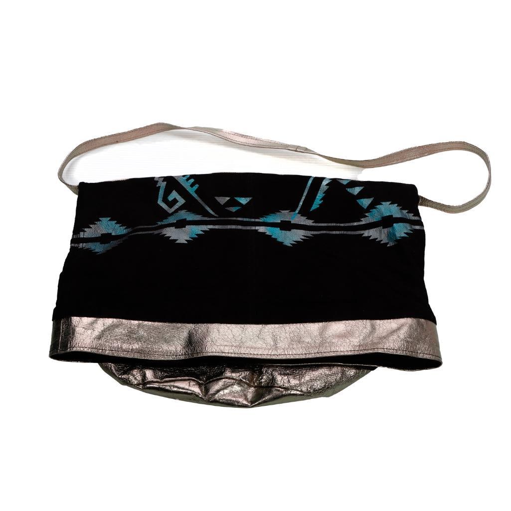 Salamander Leathers, Santa Fe Shoulder Bag and Shawl: Labeled: Salamander Leathers, Santa Fe, N.M. A vintage soft black suede and iridescent leather trim fold-over hobo shoulder bag with southwest style pattern, approx. 10" x 15". Together with a matchin