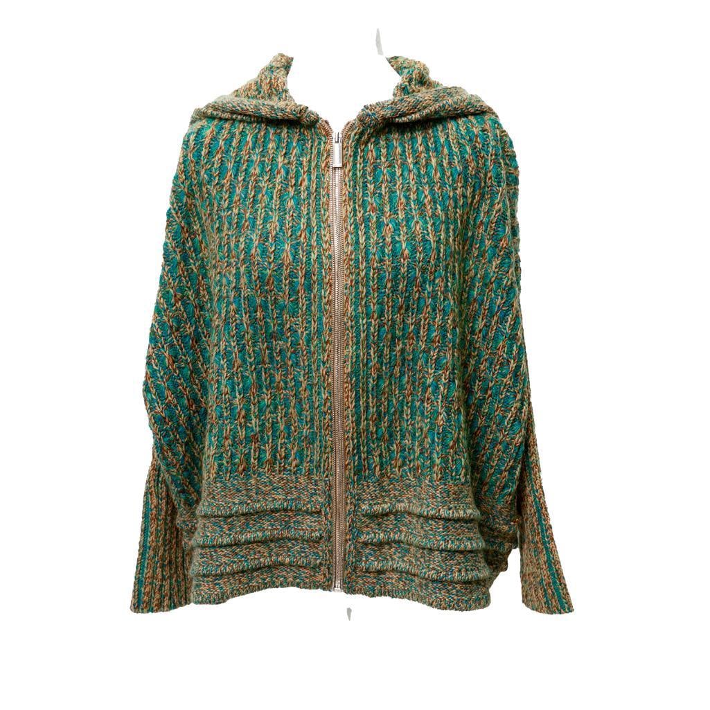 Missoni Hooded Wool Blend Cardigan, with another (Sz L): A Missoni Made in Italy labeled green/brown hooded zip-up cardigan (64% wool, 14% camel, 11% mohair, 11% nylon). Together with a Velvet by Graham & Spencer navy blue hoodie with fuzzy black lining. Bo