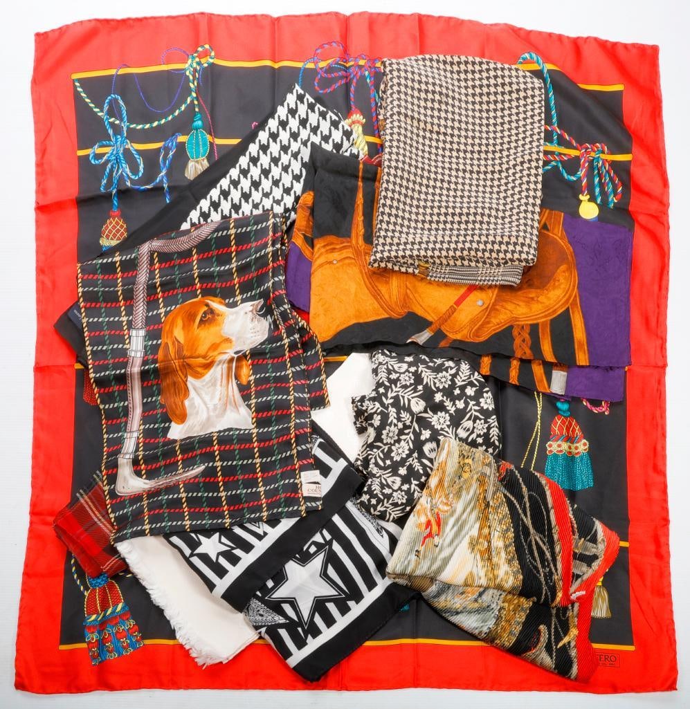 Assortment of Vintage Scarves, Houndstooth, Equestrian and Others (10): Group of ten scarves, some designers, others unlabeled, of silk and synthetic/blends, various sizes and designs. Includes a Gucci cream silk jacquard opera scarf; a Montero silk tassel motif scarf; Es