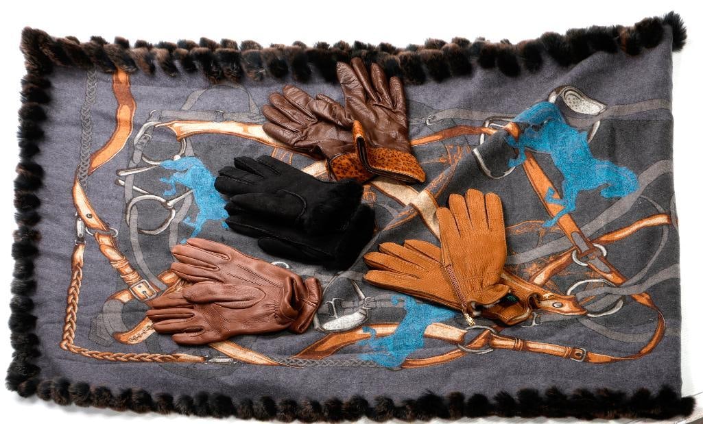 Assorted Designer Gloves (4), with a Diana Bosch Wool/Fur Wrap: Four pairs of women's vintage leather gloves, approx. S/M, including Bottega Veneta brown and cashmere lined, with leopard print cuffs (some small spots of loss); Bottega Veneta light brown, fur lined