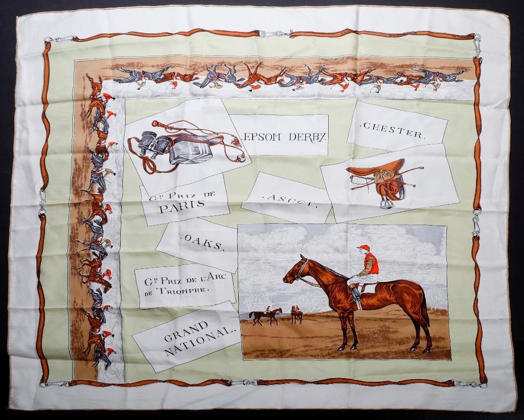 Four Assorted Silk/Blend Scarves, Equestrian and Others: A vintage silk scarf by Cecy Jones, San Francisco, architectural style design in pale pink and blue on white ground, approx. 34" square. Together with three unlabeled equestrian motif silk scarves (po