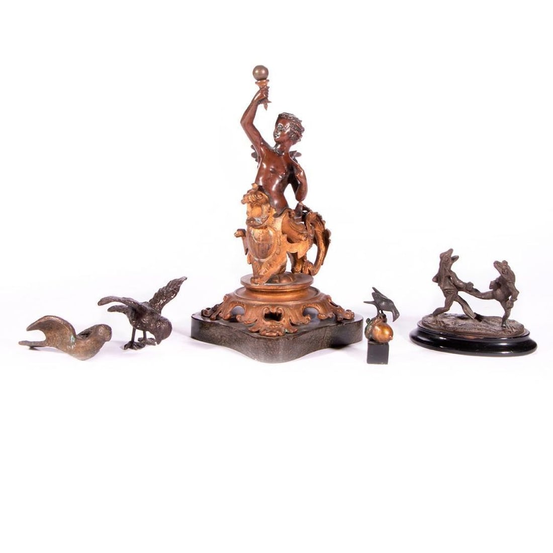 A Lot of Bronze Figures.: Comprising an angel on a marble base 11" h x 5.5" square and four small cast bronze figures of birds or dancing frogs. [5 total}