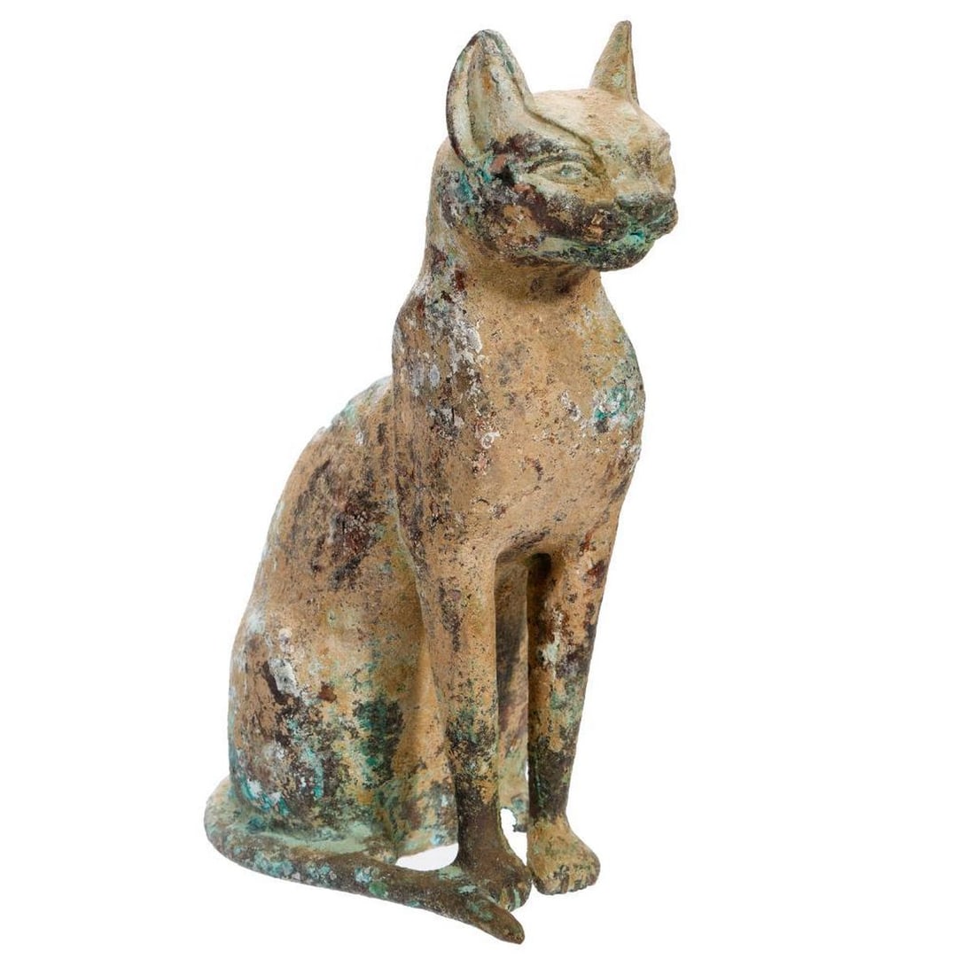 Egyptian Ptolemaic Style Bronze Figure of Cat: The figure of the feline seated on his hind legs and leaning on its front legs, its tail wrapped around, allover verdigris patina from lichen, appears to been in outdoor setting over a period of