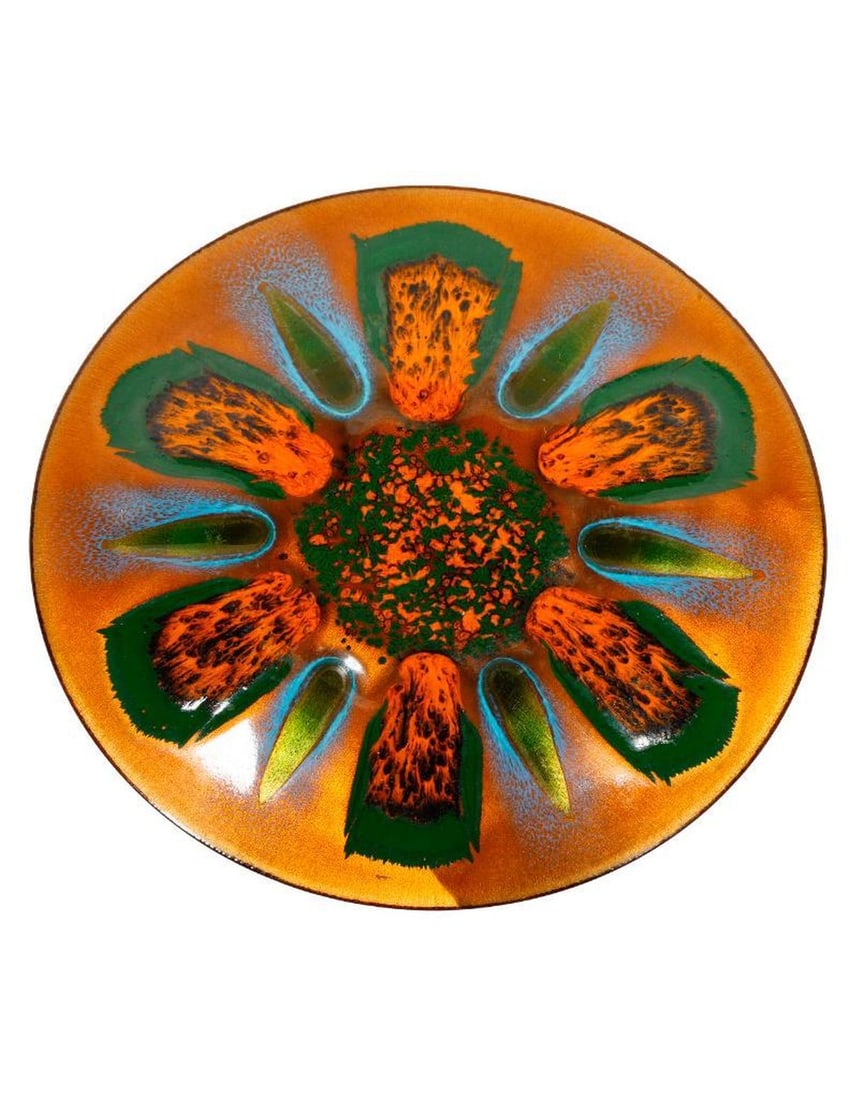 Enamel Plate by Edwards Starr for Gumps: Mid-20th Century. An enameled brass plate, signed/etched on base: "This Edwards Starr Original for Gumps, San Francisco." Diam. 11 1/2".