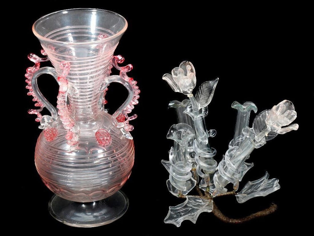 Pink Murano Glass Vase, with another: A four-handled pale pink Murano glass vase; 8 3/8" (good condition); together with a small glass propagation vase with glass flowers.