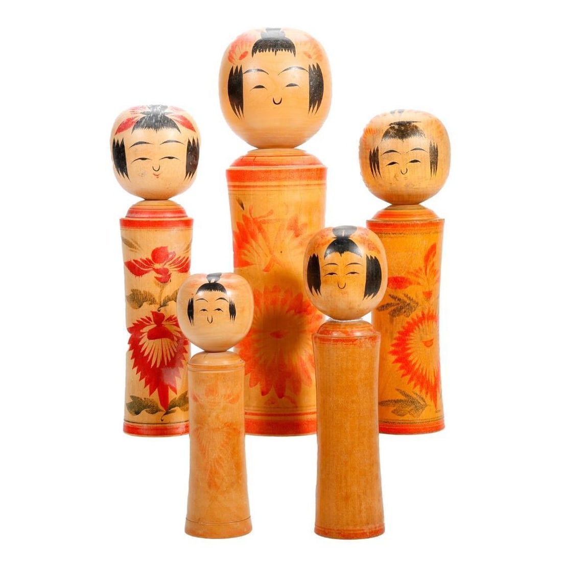 Lot of Traditional Naruko Kokeshi Dolls: Showa Period. Each having a cylindrical body and a large round head, each decorated in a chrysanthemum pattern with two flowers, each signed, sizes range in 7" to 11.75". Condition: discoloration