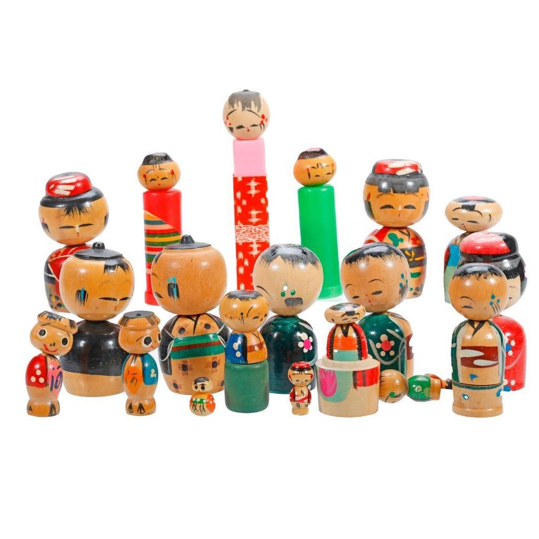 Collection of Miniature Japanese Kokeshi Wood Dolls: Including several nodder figures, two erasers with wood heads, etc., heights 2"-4" [18 total]