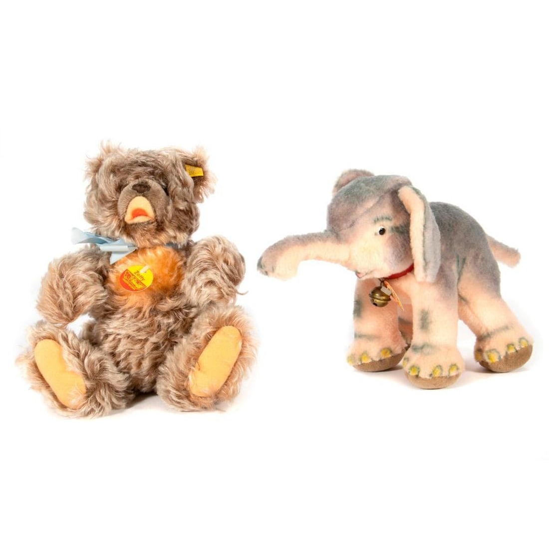 Vintage Steiff Bear and Elephant: Vintage Steiff Elephant and Bear, both with original tag and button. Largest measurement at 13 inches.