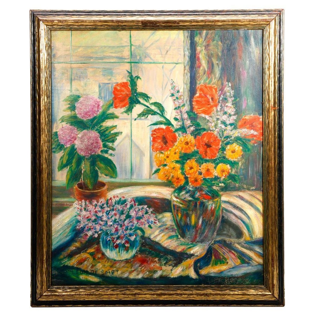 Leon De Smet Still Life Painting: Artist: Leon De Smet (Belgian 1881-1966). Title: Floral Still Life. Signed lower left "LEON DE SMET" (Not dated). Medium: oil on canvas. Size: overall in gilt wood frame 27.5" x 23.5".