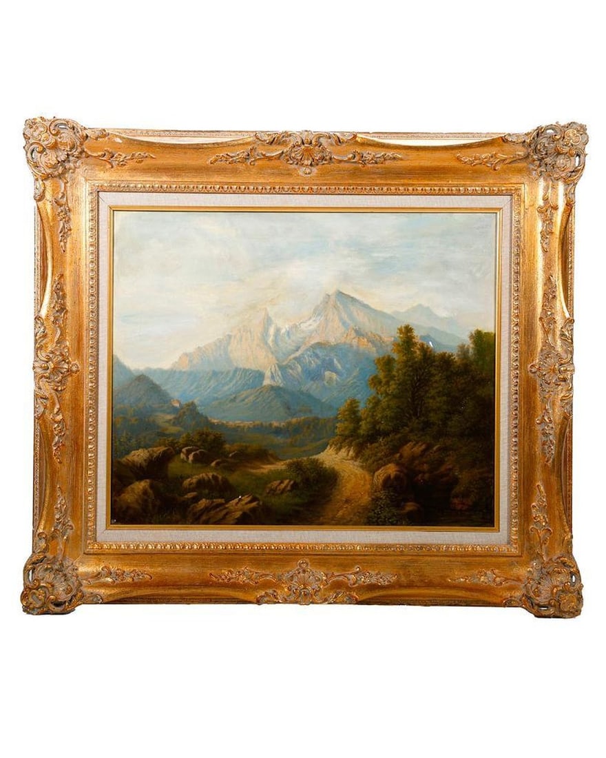 Mountain Landscape in Ornate Gilt Frame: Artist: Harry Wart (?). Title/Description: A forest path with mountains beyond. Signature: Signed(?) verso, with "Liverpool" and address; possibly a past owner, not artist. Date: not given. Medium: