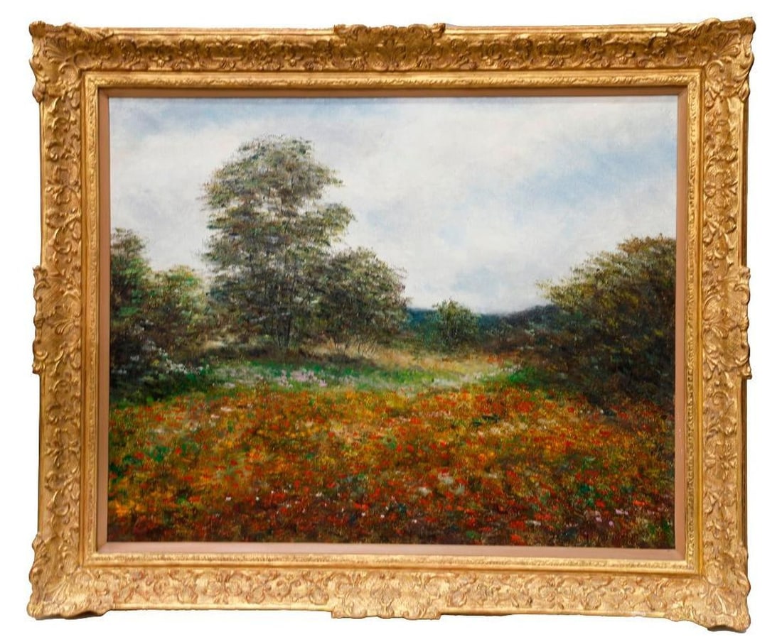 European School (20th Century). Property of Alton F. Irby III: Artist: European School (20th Century). Title/Description: Red poppy field in a clearing. Signature: Signed lower right. Medium: Oil on canvas. Size: 30 3/4" x 36 1/2" (frame 37" x 44"). Condition