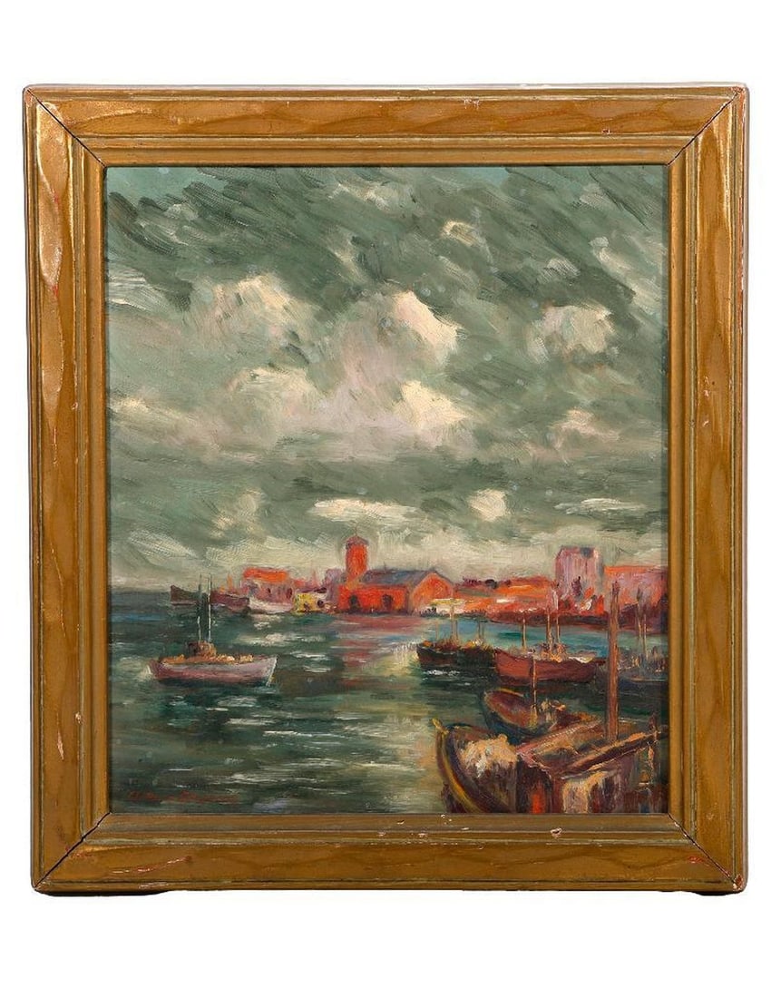 Arthur Stephens (1897-1980): Artist: Arthur Stephens (1897-1980). Title/Description: Fish Harbor, Terminal Island, San Pedro (Los Angeles). Signature: Signed l/l. Date: not given (circa 1930s). Medium: Oil on board. Size: