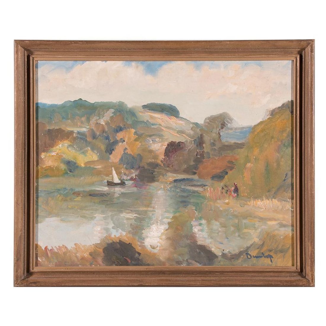 A Lake Landscape (20th Century): Artist: Dunlap (20th Century). Title: Landscape with lake and sailboat. Signature: Lower right. Medium: Oil on canvas. Size: Artwork:16 x 20 inches. Frame: 18 1/2 x 22 1/2 inches. Condition: Good