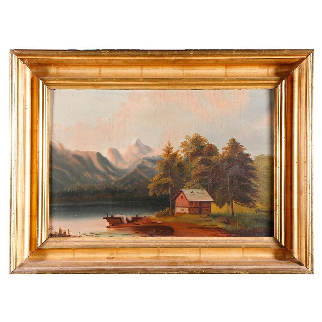 European School (Late 19th Century): Artist: European School (Late 19th Century). Title: Mountain lake landscape with house and boat. Signature: lower bottom right, illegible ("Mr. Swan" ?). Medium: Oil on board. Size: Artwork: 12 3/4 x