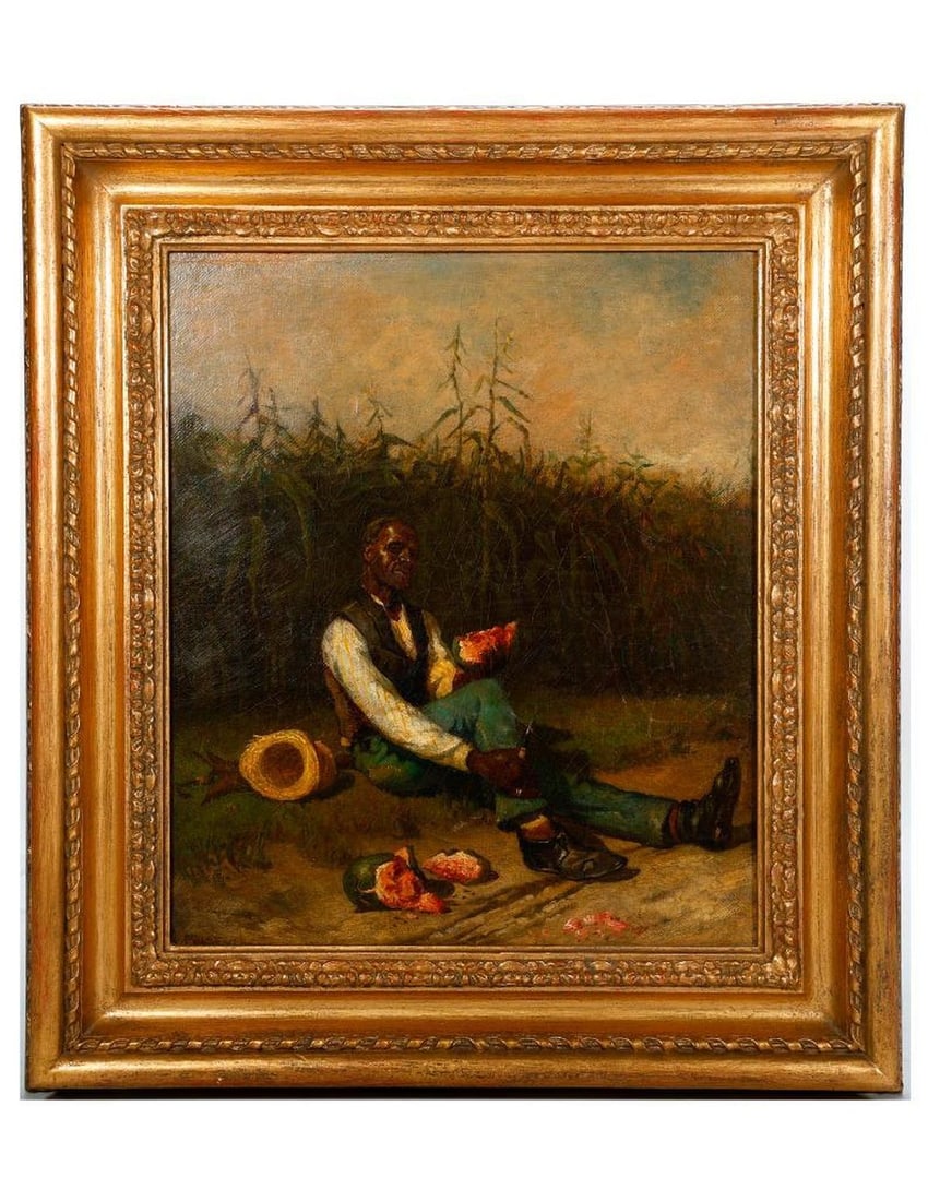 Chase (American School, Early 20th Century): Artist: Chase (American School, Early 20th Century). Title/Description: Man with melon, seated beside a field. Signature: Signed lower left. Medium: Oil on canvas. Size: 14 1/4" x 12" (frame