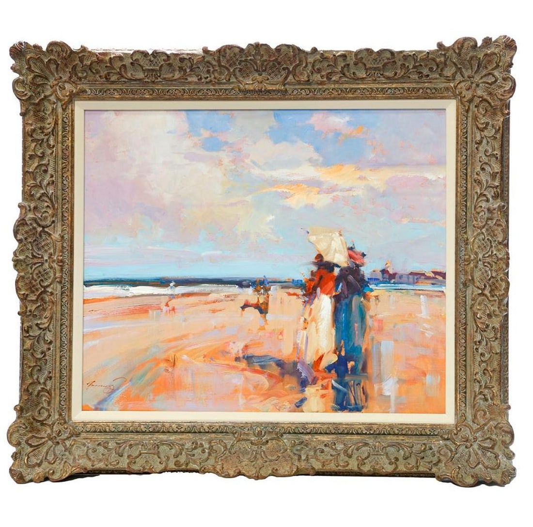 European School (20th Century). Property of Alton F. Irby III: Artist: European School (20th Century). Title/Description: Figures with parasol on a beach under cloudy sky. Signature: Signed lower left. Medium: Acrylics on board. Size: 21" x 25" (frame 27 1/2" x
