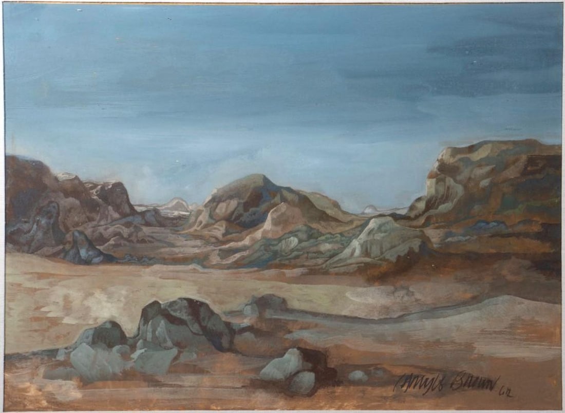 Carlyle Brown (1919 - 1963): Artist: Carlyle Brown (1919 - 1963). Title/Description: Rocky outcrop landscape. Signature: Lower right. Date: 1962. Medium: Goauche on paper. Size: 19" x 25". Condition: Good. 