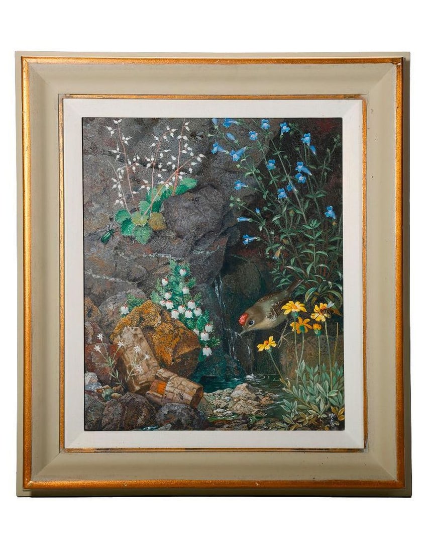 Albin Kern (1884-1975): Artist: Albin Kern (1884-1975). Title/Description: "Thirsty Kinglet." Signature: initialed/dated l/r, signed/dated verso. Date: 1963. Medium: Acrylic on masonite. Size: 13" x 11". Condition good.