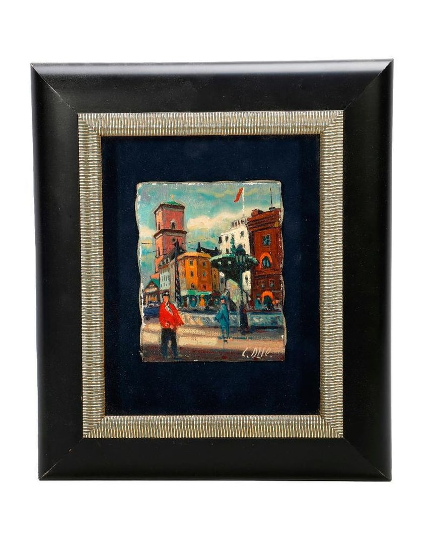 A European Street Scene: Artist: Unidentified (20th Century). Title/Description: European street scene with figures. Signature: Signed l/r (L. Due?). Date: not given. Medium: Oil on canvas. Size: approx. 5 1/2" x 4 1/2"; 13"