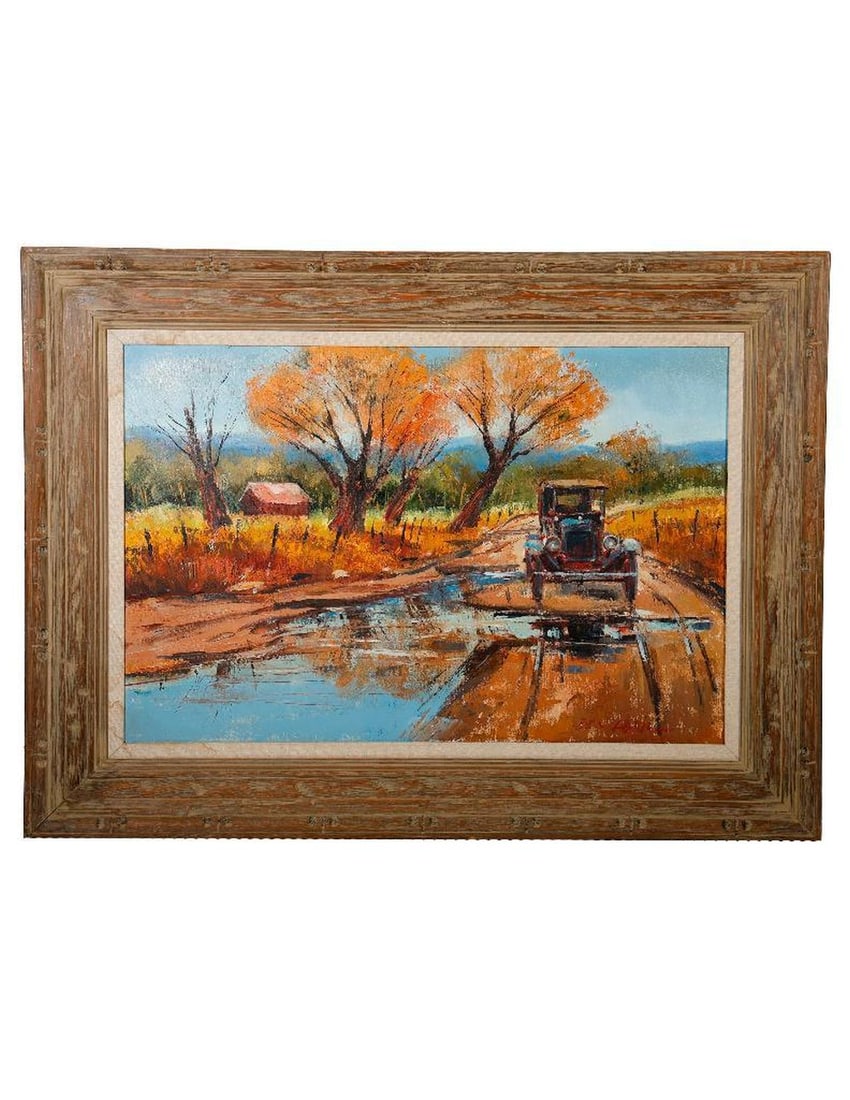 Ben Abril (1923-1995): Artist: Ben Abril (1923-1995). Title/Description: Model T car on California country road. Signature: l/r. Date: not given. Medium: Oil on canvas. Size: 20" x 30" (frame 29" x 39"). Condition
