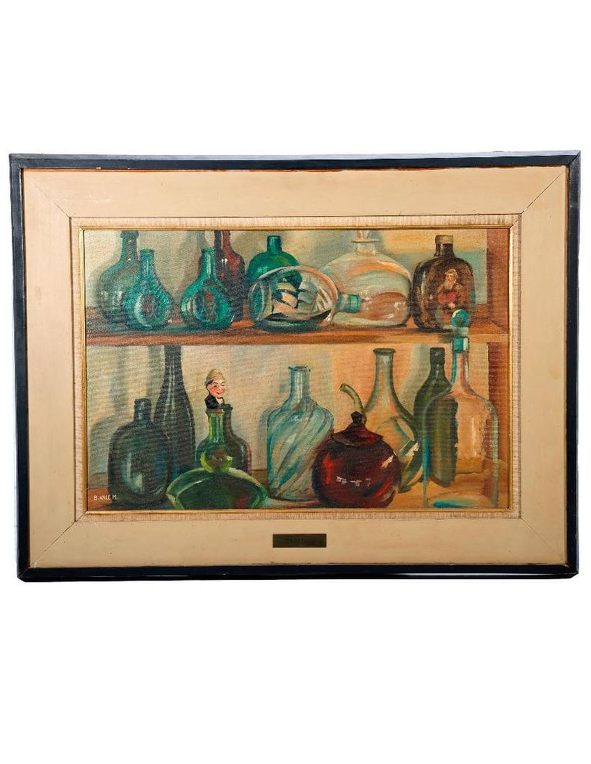 Antique Bottles Oil Painting: Artist: B. Vale M. (20th Century). Title/Description: "O'Bottles" (antique bottles on shelves). Signature: lower left. Medium: Oil on canvas. Date: circa 1930s-1950s. Size: 16" x 24" (frame 23 3/4" x