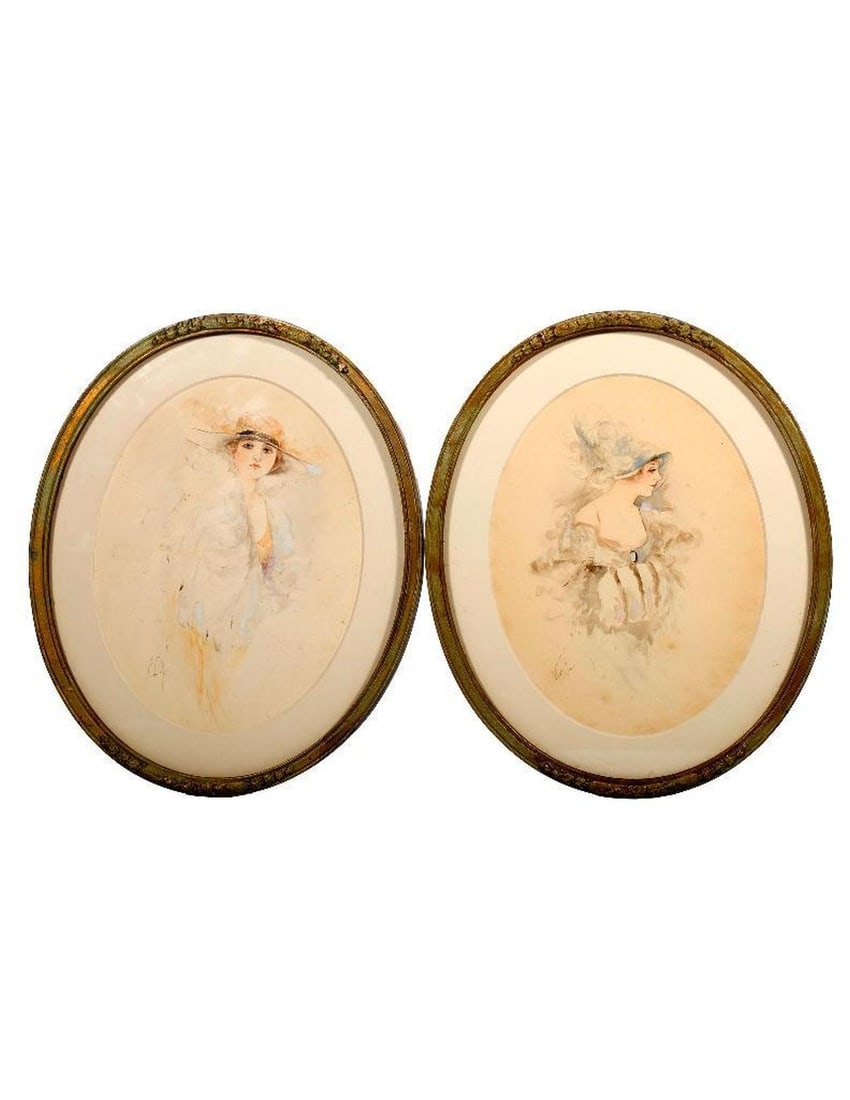 Edwardian Beauties, Pair of Watercolors: Early 1900s. Two watercolor portraits of stylish beauties. Each signed "E.L.H." In oval period frames, 12 1/4" x 10". Condition: light toning and spotting.