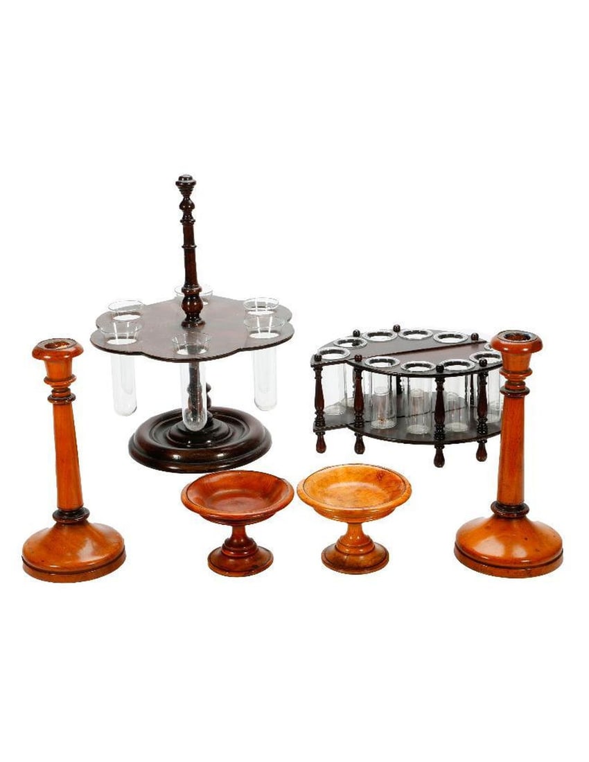 Plant Propogation Stands, with Wood Candlesticks/Dishes.: A wood pedestal stand with six inserted glass bud/propagation vases (11 1/2" H); two wood half-circle bud/propagation stands with five glass vases each. Together with a pair of English