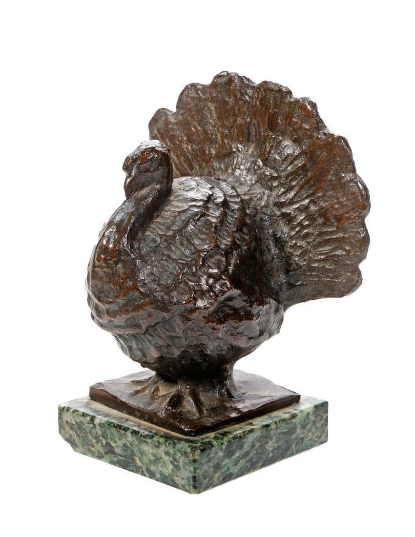 Small Bronze Turkey Sculpture. Property of Alton F. Irby III: The bronze sculpture of a turkey signed on base "V. Carlos"; mounted on a green granite base. Figure 5 1/4" H x 5" W x 3 3/4" W. Provenance: Property of Alton F. Irby III
