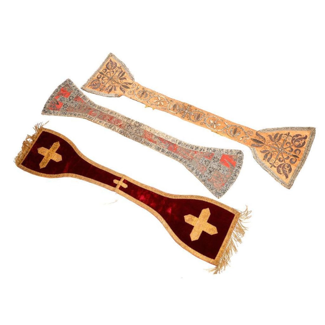 Two Antique Maniples (Vestments), with another: Two antique maniples (liturgical vestments); one of silver/metalic embroidery on pink silk, backed in blue silk; and another of red silk brocade with ribbon trim, blue silk backing; 39" x 10 1/2"