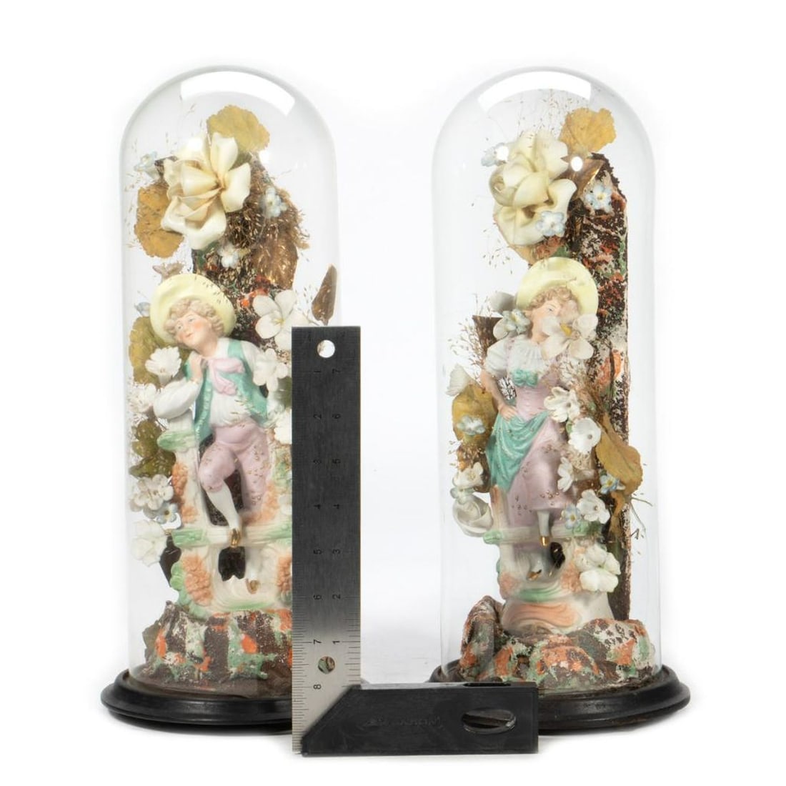 Pair Victorian Floral and Figural Domes - 6