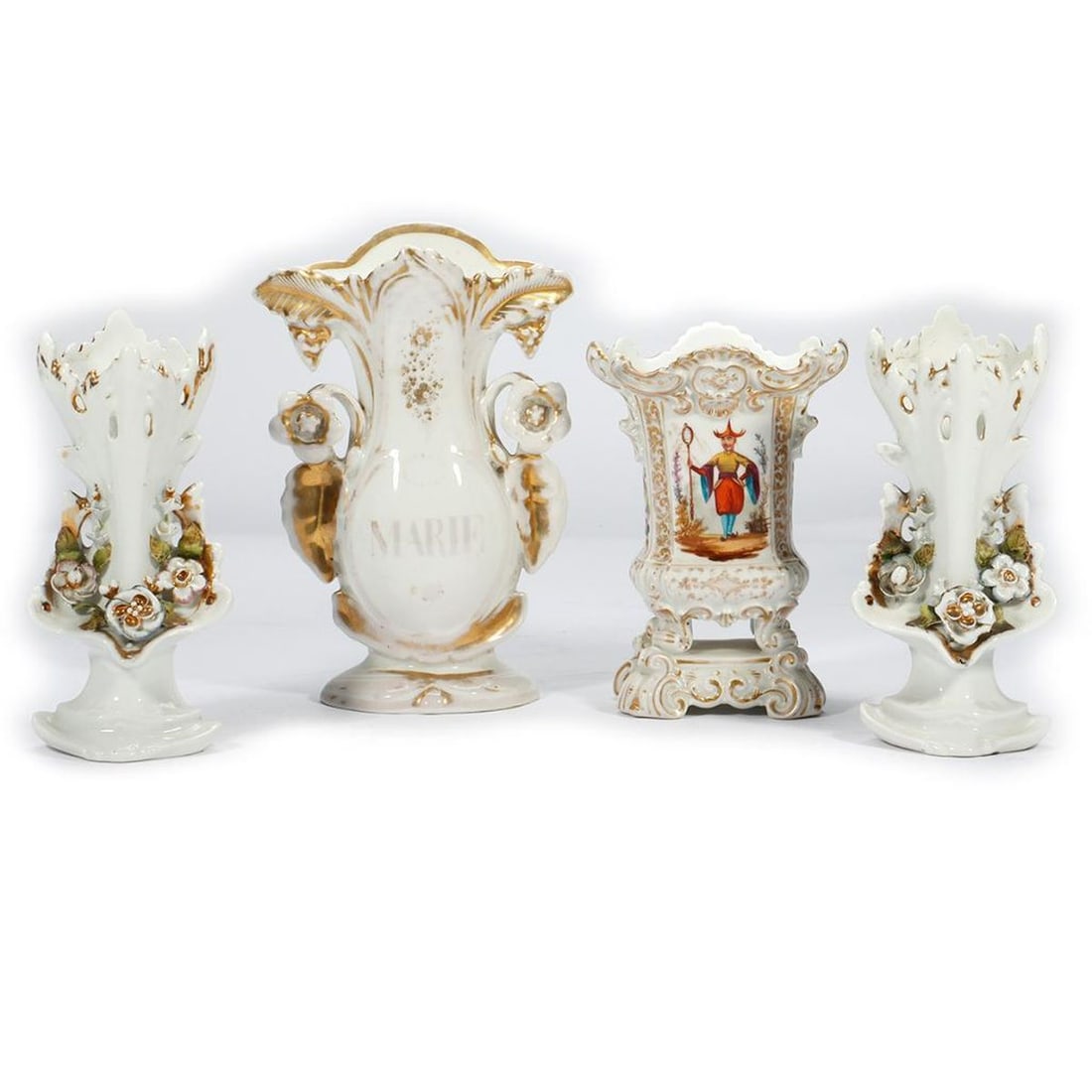 Seven European Porcelain Urns: Late 19th Century. Each flaring/fan-form vase with hand-painted decoration, including two pastoral ladies, one with Chinoiserie decoration; one with flower and leaf-form handles; and a pair