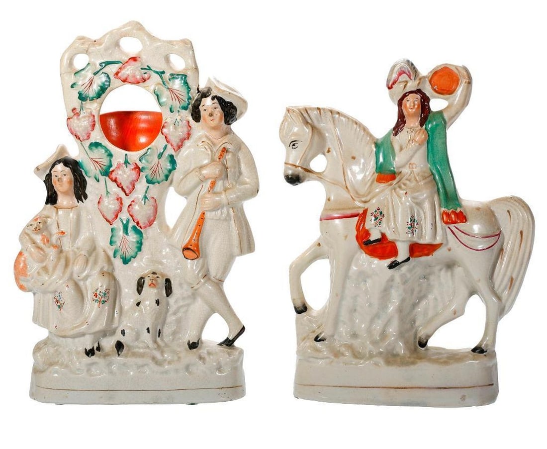 Four Staffordshire Figural Groups or Pocket Watch Holders: Comprising two Staffordshire pottery figural pocket watch holders (the smaller "Band of Hope" 10 1/4", the larger 12.5" x 8.25")); together with two figural groups includlng a windmill and