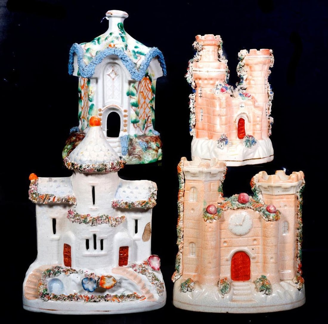 Eight Staffordshire Banks, Pastille Burners and Spill Vases: Comprising eight Staffordshire pottery small cottage pastille burners, banks, or spill vases, including (3) cottage form burners, the largest with an ivy-covered roof 6 1/4"h; (2) pink