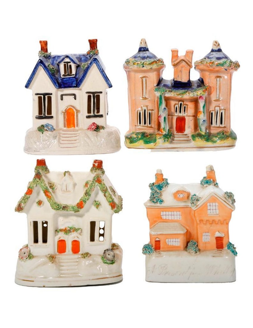 Eight Staffordshire Banks, Pastille Burners and Spill Vases - 2