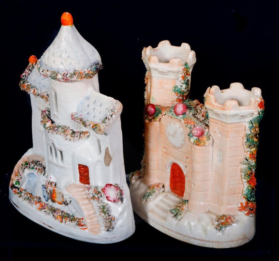 Eight Staffordshire Banks, Pastille Burners and Spill Vases - 3