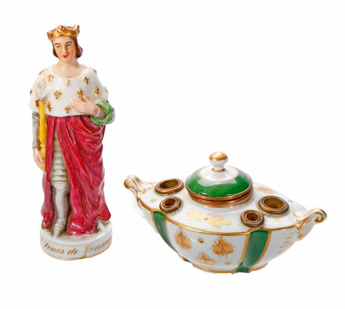 Lot of European Porcelains, Including Boxes, Inkwell and Figure: Comprising a French porcelain inkwell with pen holders, fashioned incorporating the Napoleon bee motif, marked on base "N / Made in France" (3 1/2" x 6 1/2" x 3 1/2") [missing inkwell insert];