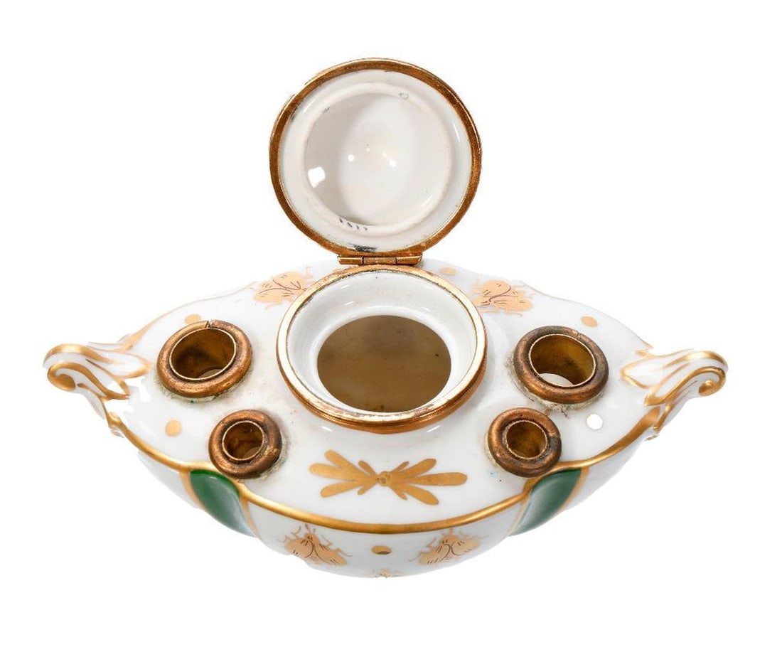 Lot of European Porcelains, Including Boxes, Inkwell and Figure - 2