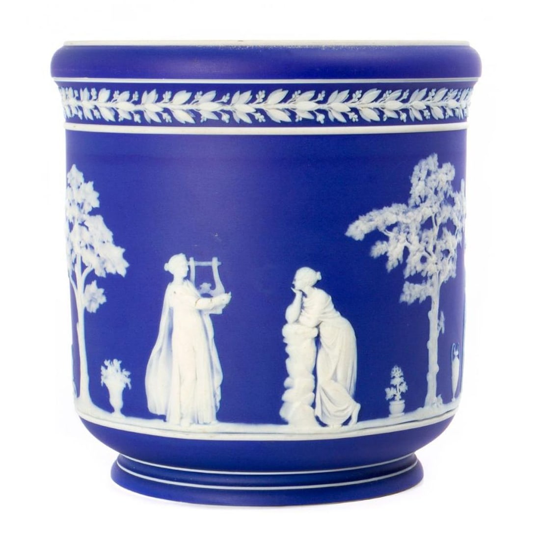 Wedgwood Blue Jasperware Jardiniere.: A blue and white bisque porcelain vase with mythological scenes 9"h x 8.5d.