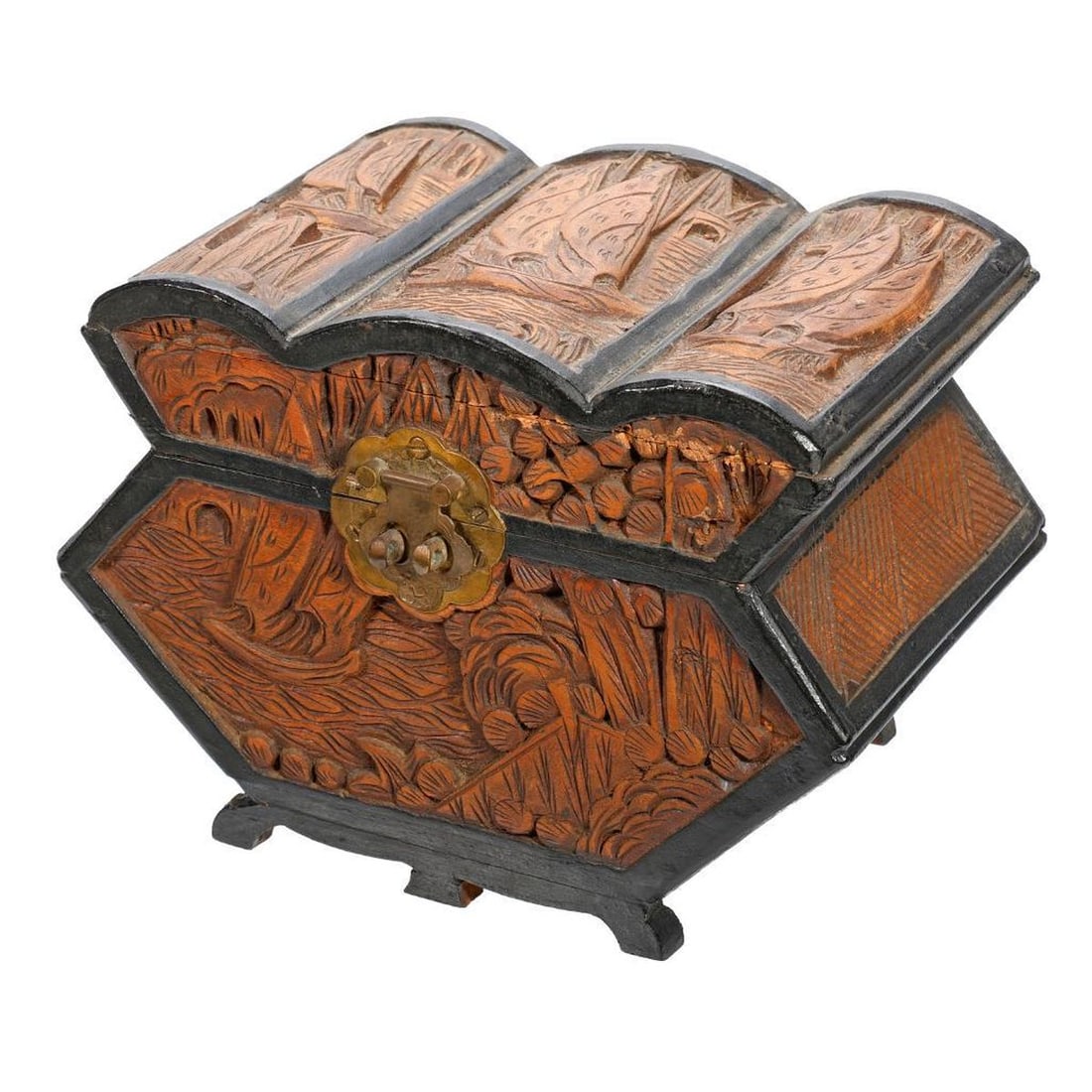 Chinese Carved Camphor Wood Box: Circa Mid-20th Century. The carved camphor wood box with panel scenes of sailboats beside shore landscapes; the borders ebonized. With brass hardware; lock and key contained inside. 6 3/4" x 9 1/2" x