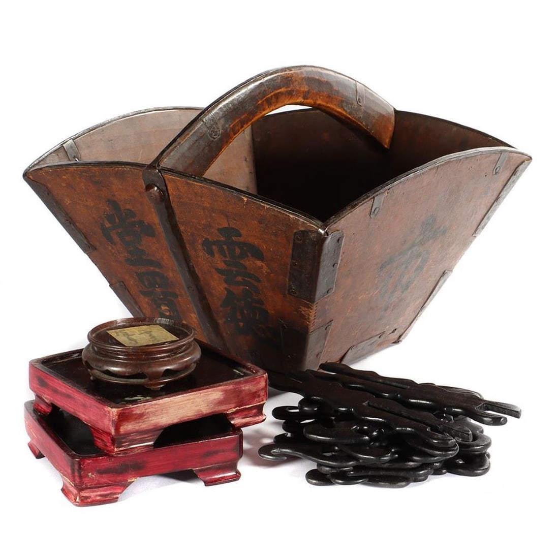 Chinese wood bucket: The lot includes the metal braced bucket, three stands and frame parts. height of bucket 11in.