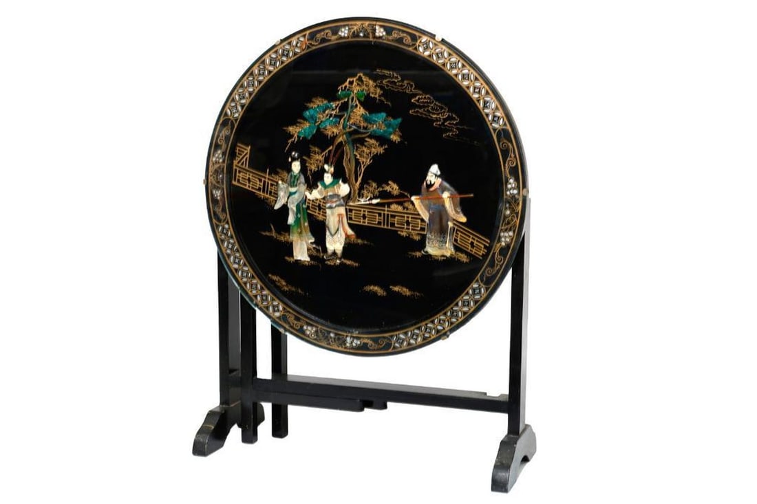 Contemporary Chinese Tilt-Top Side Table: The round table with a relief-decorated figural scene, under a glass surface. Opened 20 1/4" high x 24" diam. (closed 31" high).