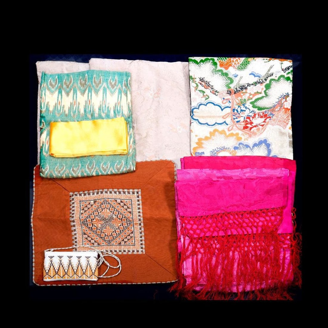 Chinese Silk Panels and Other Assorted Vintage Textiles: Four Chinese magenta silk dragon jacquard fringed runners/panels, approx. 60" x 13"; a long beige silk jacquard/brocade panel, 96" x 34" (hemmed and backed); a Japanese gold/multicolor brocade panel,