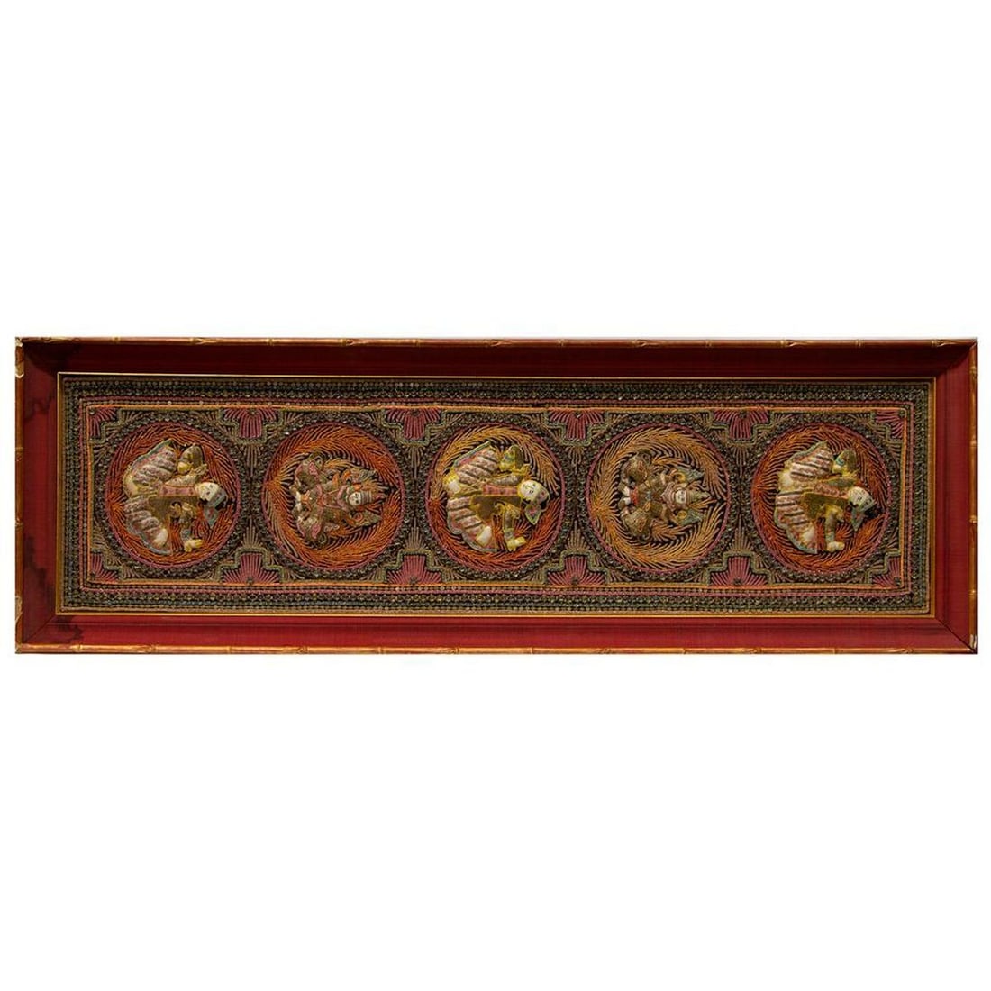 A framed Thai embroidery.: A framed embroidery from Thailand. Size frame: H 54" W - 17 3/4". Size embroidery: H - 49 1/2" W - 13". Condition: Good, some loss to frame.
