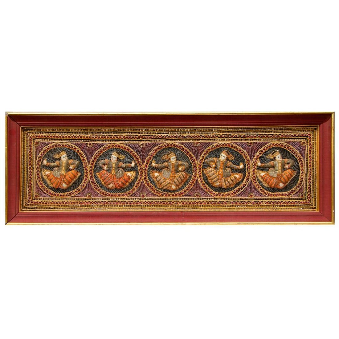 A framed Thai embroidery.: A framed embroidery from Thailand. Size frame: H - 17" W - 51". Size embroidery: H - 13" W - 46". Condition: Good, slight frame separation.