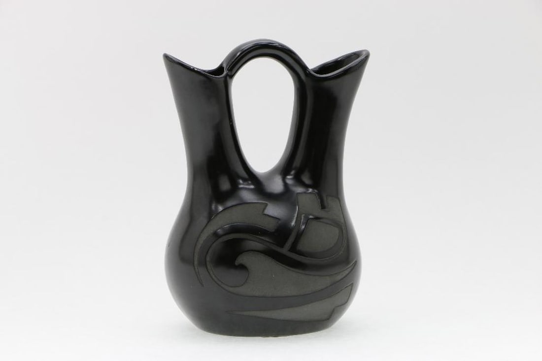 Southwest Style Blackware Pottery Wedding Jar/Ewer: Southwest style blackware/commercial cast ware. Height: 8 inches. Width on top: 6 inches. Good condition but for two tiny surface dings on one spout.