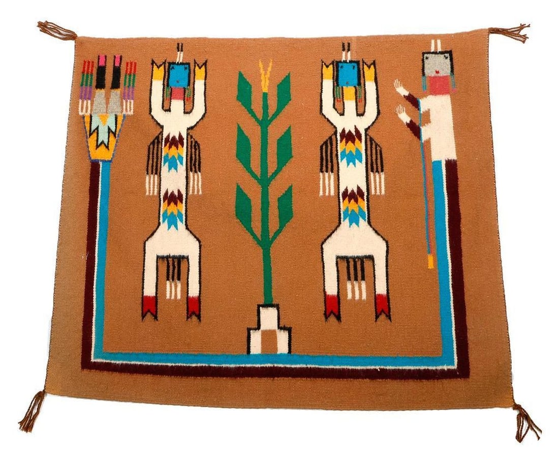 Navajo Figural Yei Rug: The light brown Navajo rug with figures and corn stalk. 25 1/2" x 27 1/2". Good condition.