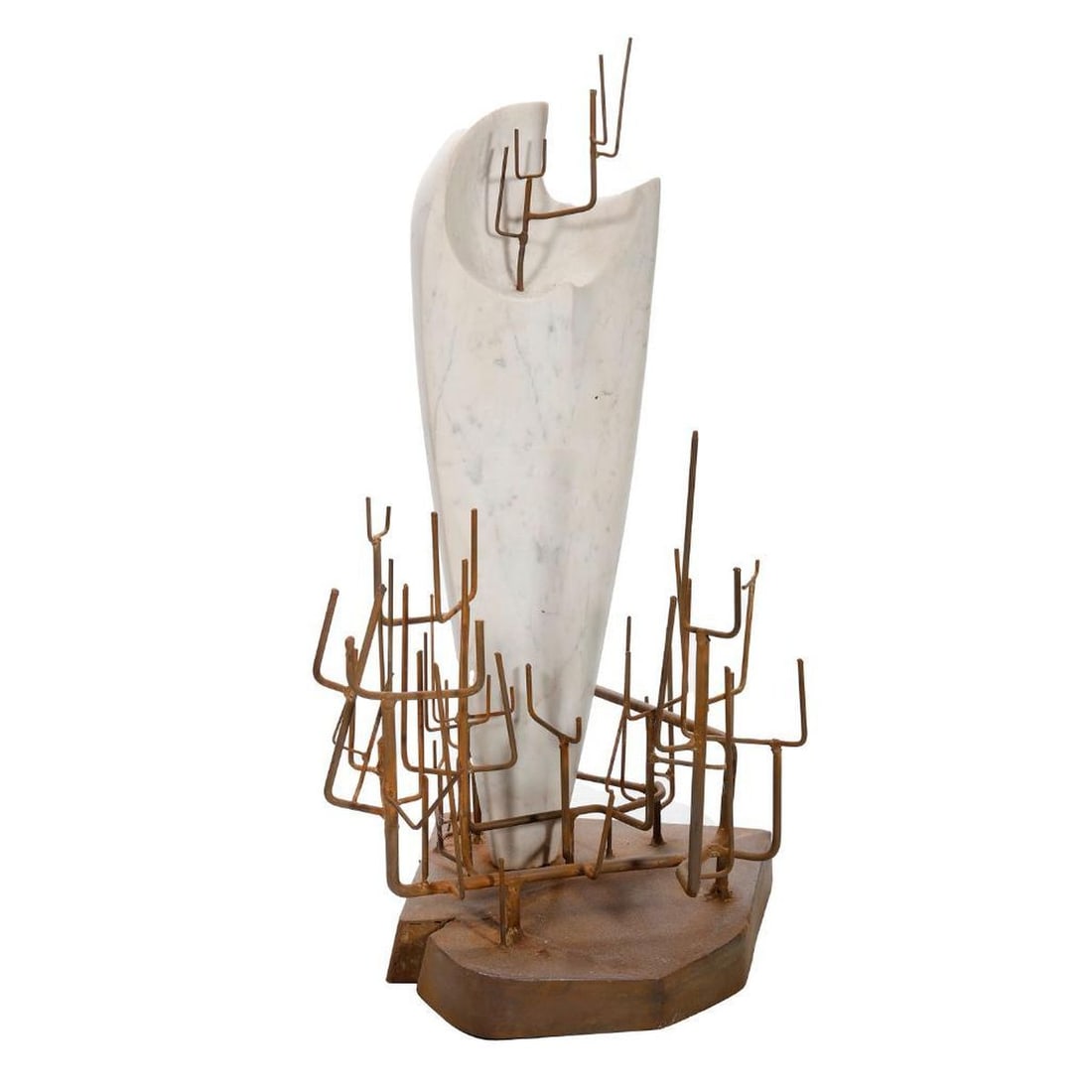Post-Modern Marble and Metal Sculpture: Circa Mid-Late 20th Century. The sculpture formed of an abstract white marble carving set on a ferrous metal stand with forking prongs. Unsigned. Approx. 23 1/4" x 13" x 11 1/2."