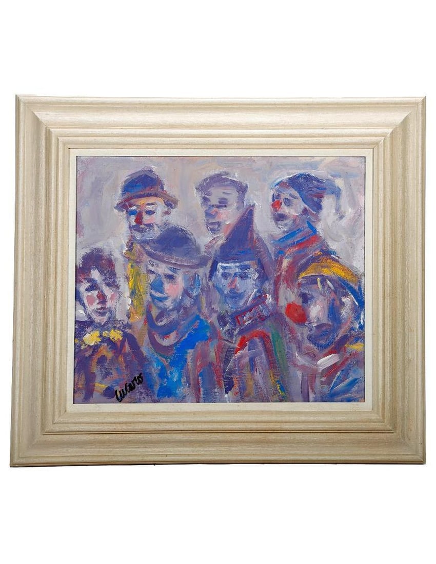 Clown Group Painting, 20th Century: Artist: Cucaro (20th Century). Title/Description: A group of clowns in purple tones. Signature: Signed lower left. Medium: Oil on canvas. Size: 15 1/2" x 18"; 22" x 24 3/4" (frame). Condition good.