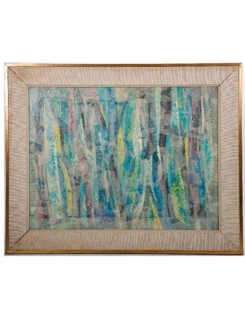 John Clawson Ayres (1914-2005): Artist: John Clawson Ayres (1914-2005). Title/Description: Untitled (Abstract in greens, blues, purple). Signature: verso. Date: 1962. Medium: Oil and paper on canvas. Size: 19" x 25"